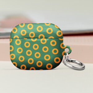 Peut inclure: &Eacute;tui vert pour Airpods avec un motif de cercles orange. L'&eacute;tui est dot&eacute; d'un porte-cl&eacute;s en m&eacute;tal argent&eacute;.