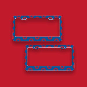 May include: Two blue license plate frames with a red donut pattern.
