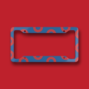 May include: Blue license plate frame with a repeating pattern of red donuts. The frame has four holes for mounting screws.