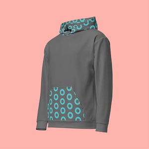Uniseks hoodie met grijze en blauwgroene Phish Fishman Donut – zachte fleece, gerecyclede stof