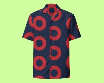 Hawaiian-style UPF 50+, Button-Up Shirt, Phish-Inspired Fishman Donut, Blue/Red
