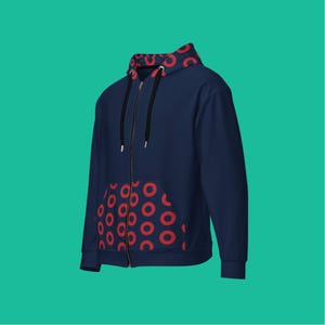 Unisex zip hoodie with navy and red Phish Fishman donut pattern on hood and pockets, soft fleece interior, recycled fabric, and relaxed fit.