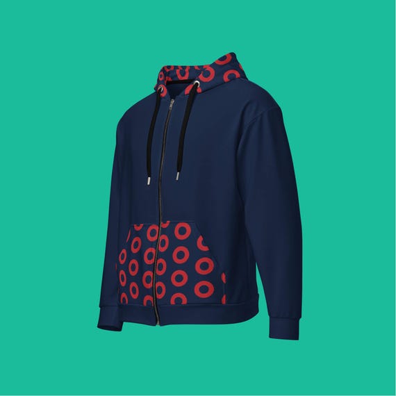 Unisex Zip Hoodie With Navy And Red Phish Fishman Donut – Soft Fleece, Recycled Fabric