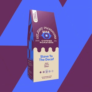 May include: A maroon and blue coffee bag with the text "Silent Morning Coffee Roasters" and "Slave To The Decaf". The bag has a blue eye design and lists "Mild Nutty Sweet" flavors. Net weight is 12 oz (340g).