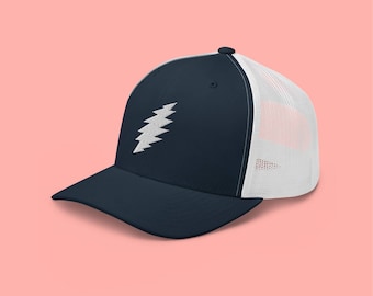 Grateful Dead Embroidered White Lightning Bolt Trucker Cap – Mesh Back Embroidered Hat For Music Fans