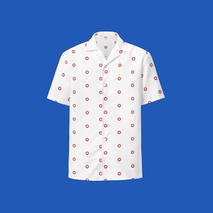 May include: A white short-sleeved button-down shirt with a red donut pattern.