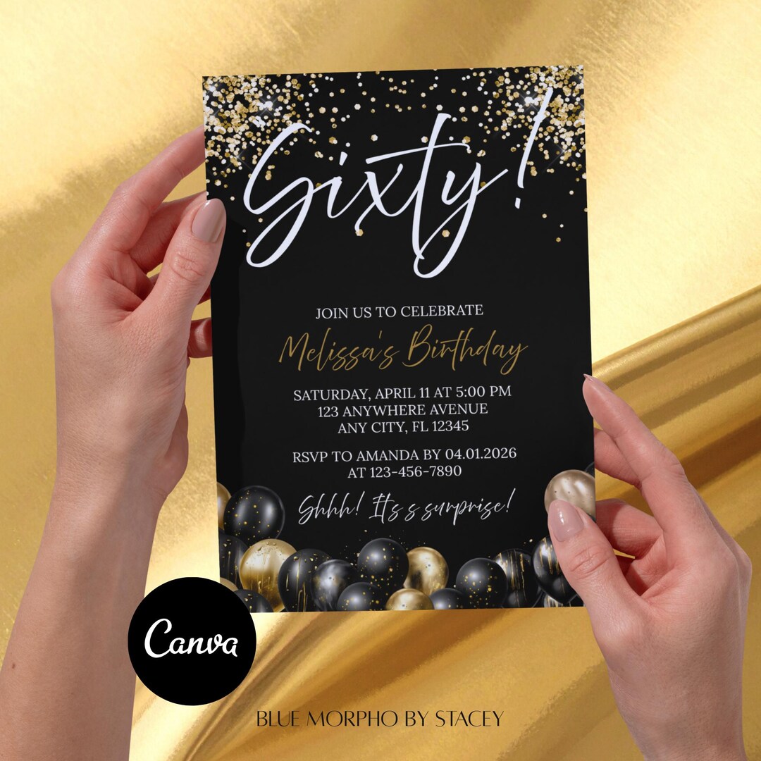 60th Birthday Invitation | Gold Script, Navy Watercolor (editable Canva ...