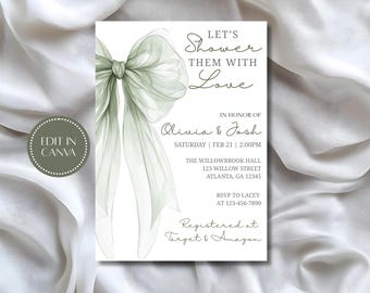 May include: A white invitation card with a watercolor-style sage green bow and text. The text reads "Let's Shower Them With Love" and includes event details for Olivia & Josh, including the date, time, and location. The invitation is registered at Target & Amazon.