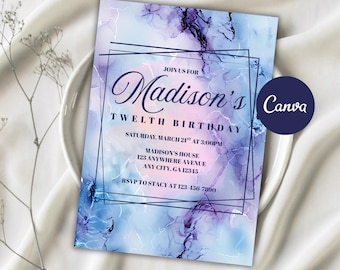 12th Birthday Blue and Purple Marble Invitation | Tween Birthday Party Printable | Editable Canva Invite