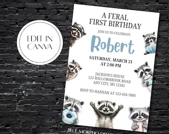 Feral First Birthday Invite | Raccoon Birthday | Editable Canva