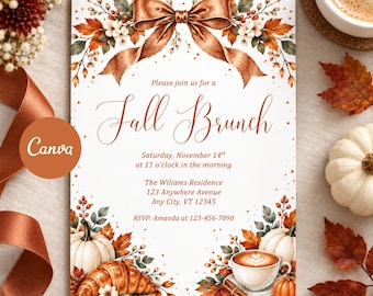 Fall Brunch Invitation Template, Autumn Brunch Invite, Editable Canva Invitation, Pumpkin Bow Fall Party Invite, Friendsgiving Brunch