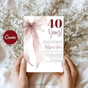 May include: A white rectangular invitation card featuring a large watercolor-style dusty pink bow on the left side. The text reads 40 Years! Join us to celebrate the wedding anniversary of Melissa & John, Saturday, July 25 at 4pm, The Estates Clubhouse, 123 Anywhere Street, Any City, SC 12345, RSVP to Jessica by July 15 123-456-789.