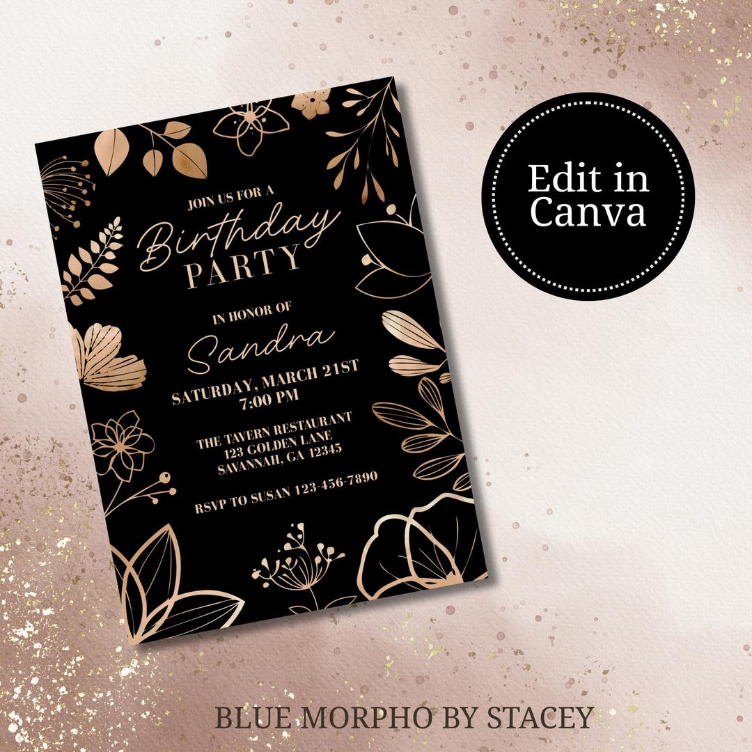 Elegant Black & Gold Floral Birthday Invitation | Editable Birthday ...