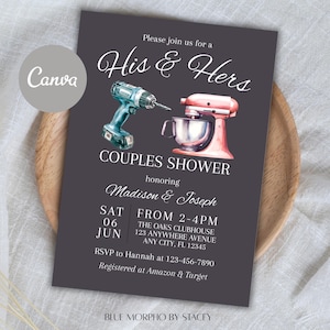 Puede incluir: Invitación gris oscuro para una fiesta de pareja con ilustraciones de un taladro y una batidora de pie. La invitación dice "His & Hers" e incluye detalles del evento, en honor a Madison & Joseph.