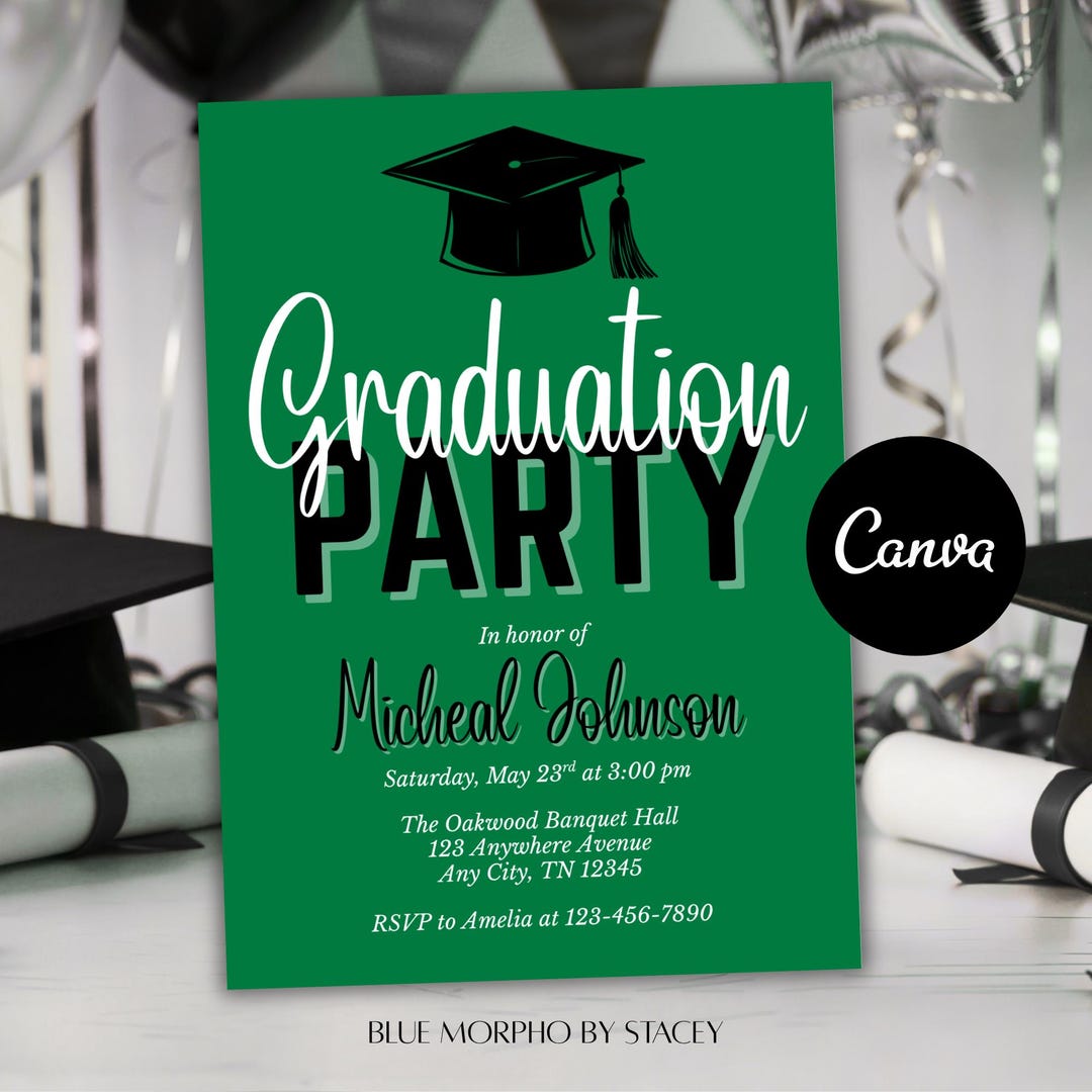 Green & Black Graduation Party Invitation | Graduation Event (canva ...