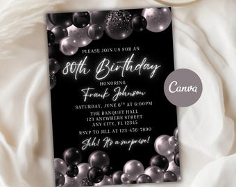 80th Birthday Invitation for Him, Black Silver Surprise Party, Editable Canva Template (Digital Download)