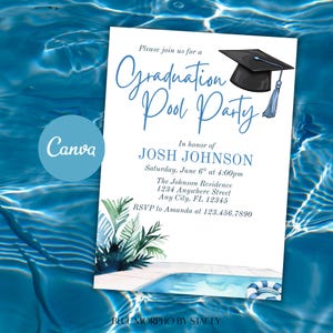 May include: A white invitation with blue text and graphics for a graduation pool party. The invitation includes the text "Graduation Pool Party", the graduate's name, date, time, and location. A graduation cap and pool graphic are included.