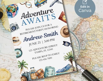 Adventure Awaits Retirement Party Invitation | Editable Canva Template