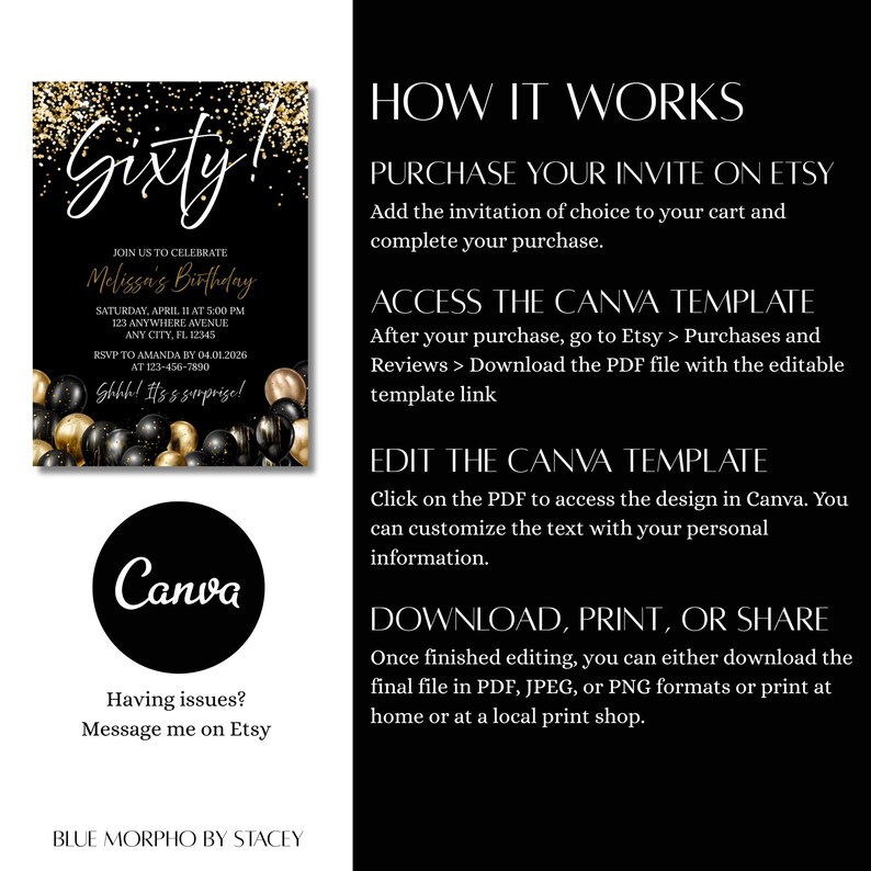 60th Birthday Invitation | Gold Script, Navy Watercolor (editable Canva ...