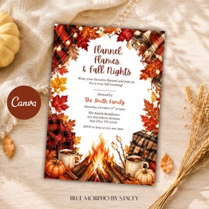 May include: A rectangular invitation card featuring a fall-themed border of red and orange maple leaves, plaid fabric, pumpkins, mugs, and a campfire. The text reads: Flannel, Flames, & Fall Nights, Wear your favorite flannel and join us for a cozy fall evening!
