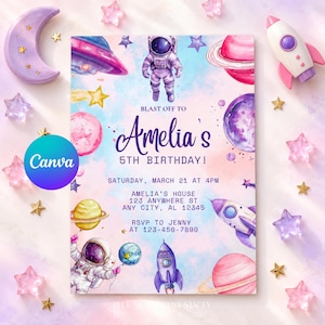 Może przedstawiać: Prostokątne zaproszenie na urodziny z akwarelowymi ilustracjami kosmosu przedstawiającymi astronautów, planety i rakiety. Tekst brzmi: BLAST OFF TO Amelia's 5TH BIRTHDAY! SATURDAY, MARCH 21 AT 4PM, AMELIA'S HOUSE 123 ANYWHERE ST ANY CITY, AL 12345, RSVP TO JENNY AT 123-456-7890.