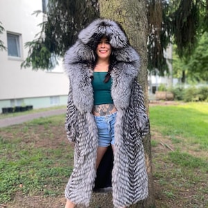 Hooded Feathered Silver Fox Full Length Fur Coat (Brand NEW)