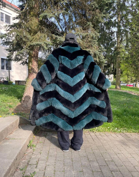 フルスーツ ブラック/ブルー/グリーン　レディース Teal and Black Fox Fur Coat Full Length *new With Tags* - Etsy