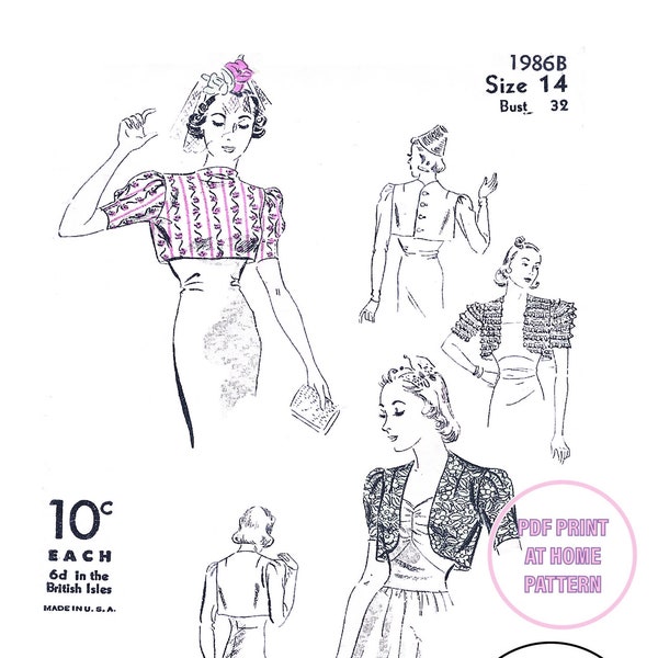 Vintage Sewing Pattern 1930's Bolero Set Size 14 32 Bust INSTANT DOWNLOAD