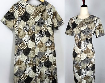 VTG 60S Mod Mini Dress Shift Brown White Geometric Retro ILGWU Polka Dot