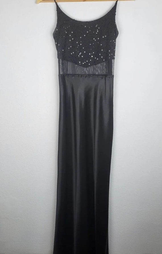 Vintage 90s Y2K Black Satin Sequin Mesh Dress For… - image 8