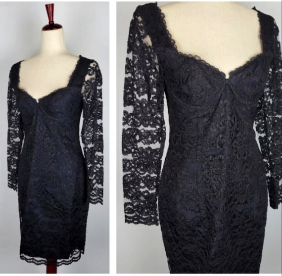 Vintage 90s Womens Black Lace Dress Nylon Romanti… - image 1