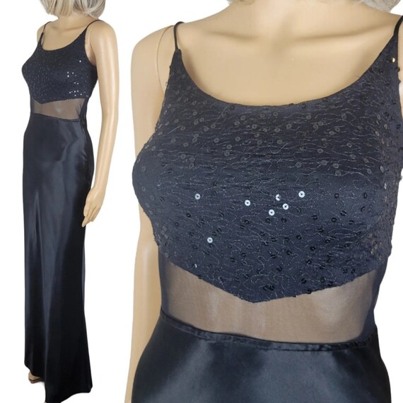 Vintage 90s Y2K Black Satin Sequin Mesh Dress For… - image 1