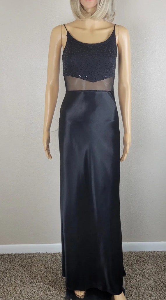 Vintage 90s Y2K Black Satin Sequin Mesh Dress For… - image 7