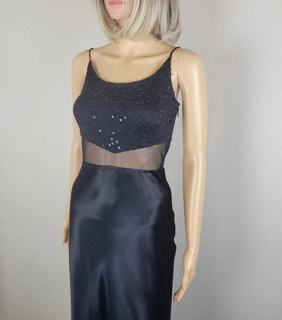 Vintage 90s Y2K Black Satin Sequin Mesh Dress For… - image 4