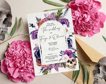 SET - Purple Skull & Flower Wedding invitation set