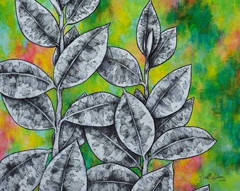 Neon Rubber Tree - original houseplant painting