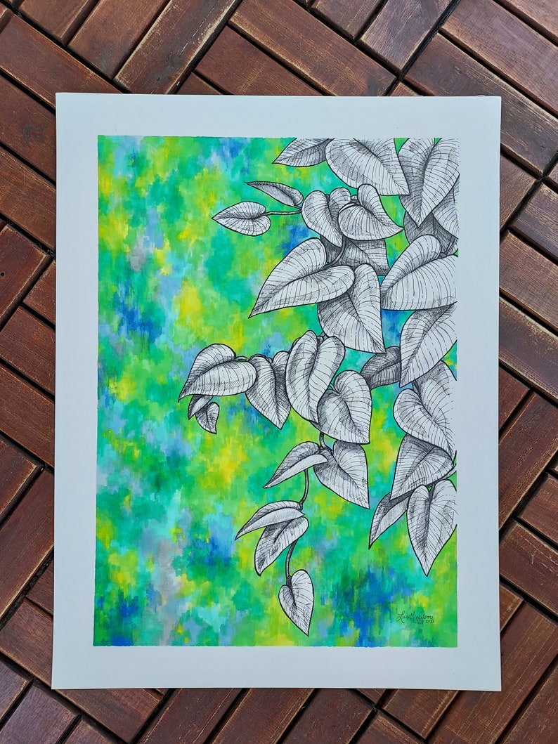 May include: A black and white ink drawing of a leafy plant with heart-shaped leaves, set against a watercolor background of green, blue, and yellow.