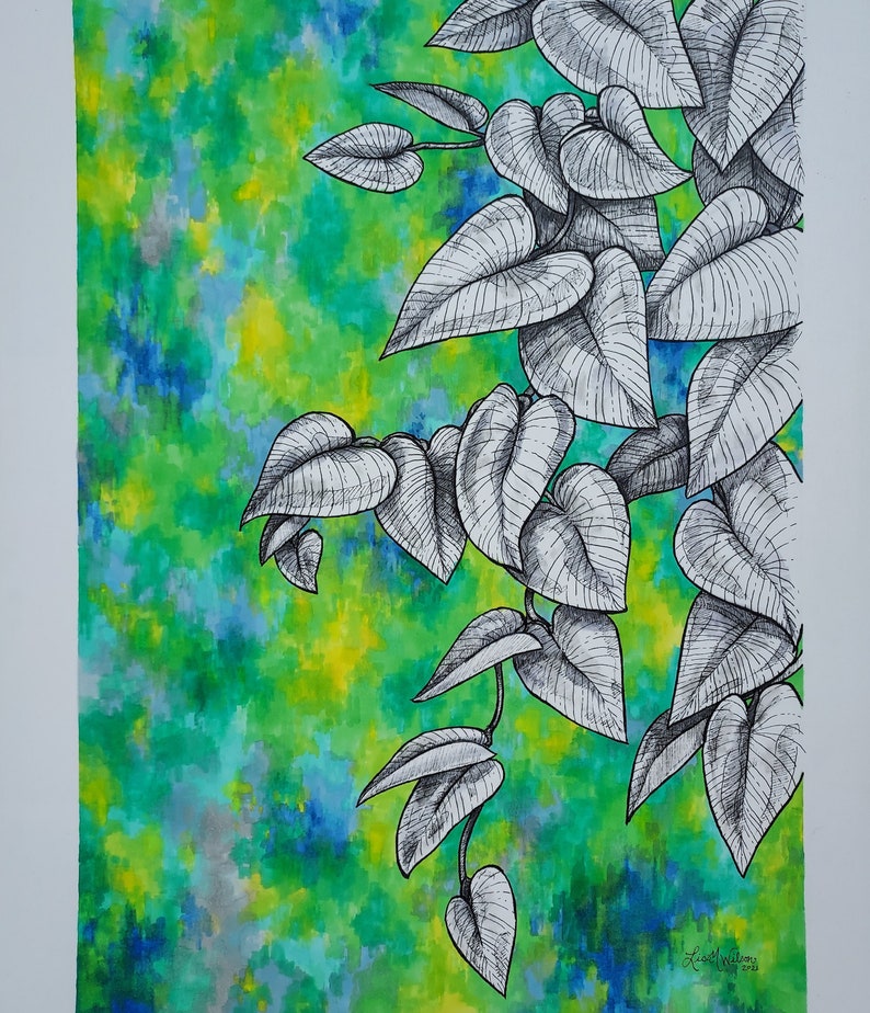 May include: A watercolor painting of a leafy vine with heart-shaped leaves. The leaves are drawn in black ink and are set against a background of green, blue, and yellow watercolor washes.