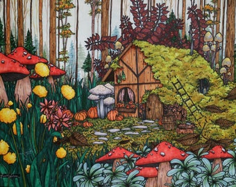 Cozy Cabin - original painting, fantasy drawing