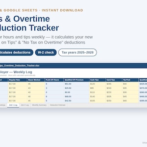 May include: A digital spreadsheet for Excel and Google Sheets titled Tips & Overtime Deduction Tracker. It features a weekly log table with columns for hours worked, cash tips, card tips, and calculated deductions for tax years 2025-2028.