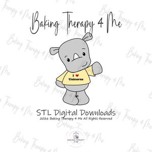 Puede incluir: Ilustración de dibujos animados de un rinoceronte gris con una camiseta amarilla con el texto "I ❤️ Unicorns". La imagen también incluye el texto "Baking Therapy 4 Me" y "STL Digital Downloads."