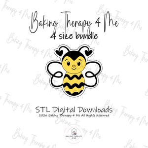 May include: A bee-shaped cookie cutter outline featuring a yellow face and body with black stripes, black antennae with heart-shaped tips, and black wings. Text reads Baking Therapy 4 Me, 4 size bundle, STL Digital Downloads, 2026 Baking Therapy 4 Me.