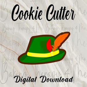 May include: A green cookie cutter in the shape of a traditional hat with a yellow band and two feathers. The text "Cookie Cutter" and "Digital Download" are displayed in black.