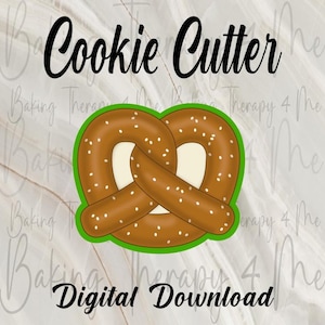 Könnte beinhalten: Ein digitaler Download eines Ausstechers in Brezelform. Die Brezel ist braun mit weißen Sprenkeln und einem cremefarbenen Kern, umrandet von Grün. Die Wörter "Cookie Cutter" und "Digital Download" sind in Schwarz geschrieben.
