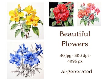 May include: Four watercolor paintings of flowers. The first painting shows yellow hibiscus flowers with green leaves. The second painting shows red hibiscus flowers with green leaves. The third painting shows orange hibiscus flowers with green leaves. The fourth painting shows blue flowers with green leaves. The text "Beautiful Flowers" is written below the paintings.