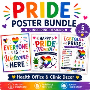 Könnte beinhalten: Ein digitales Set aus fünf Pride-Postern mit farbenfroher Typografie und Herzgrafiken. Die Designs enthalten Schriftzüge wie Everyone Is Welcome Here, Happy Pride Month und LGBTQIA+ Pride sowie medizinische Symbole wie Stethoskope.
