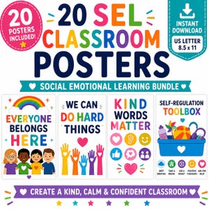 May include: A digital bundle of 20 social emotional learning classroom posters, sized 8.5 x 11 inches. The colorful graphics feature diverse children, rainbows, hearts, and icons, with text including Everyone Belongs Here, We Can Do Hard Things, Kind Words Matter, and Self-Regulation Toolbox.