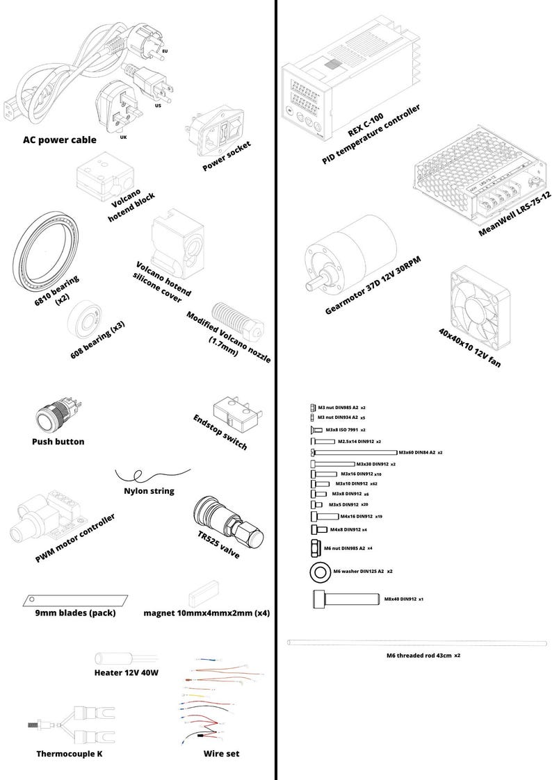 May include: A diagram of a 3D printer with a list of parts and components, including a power cable, hotend block, gear motor, fan, and a PID temperature controller. The diagram includes measurements for each part.
