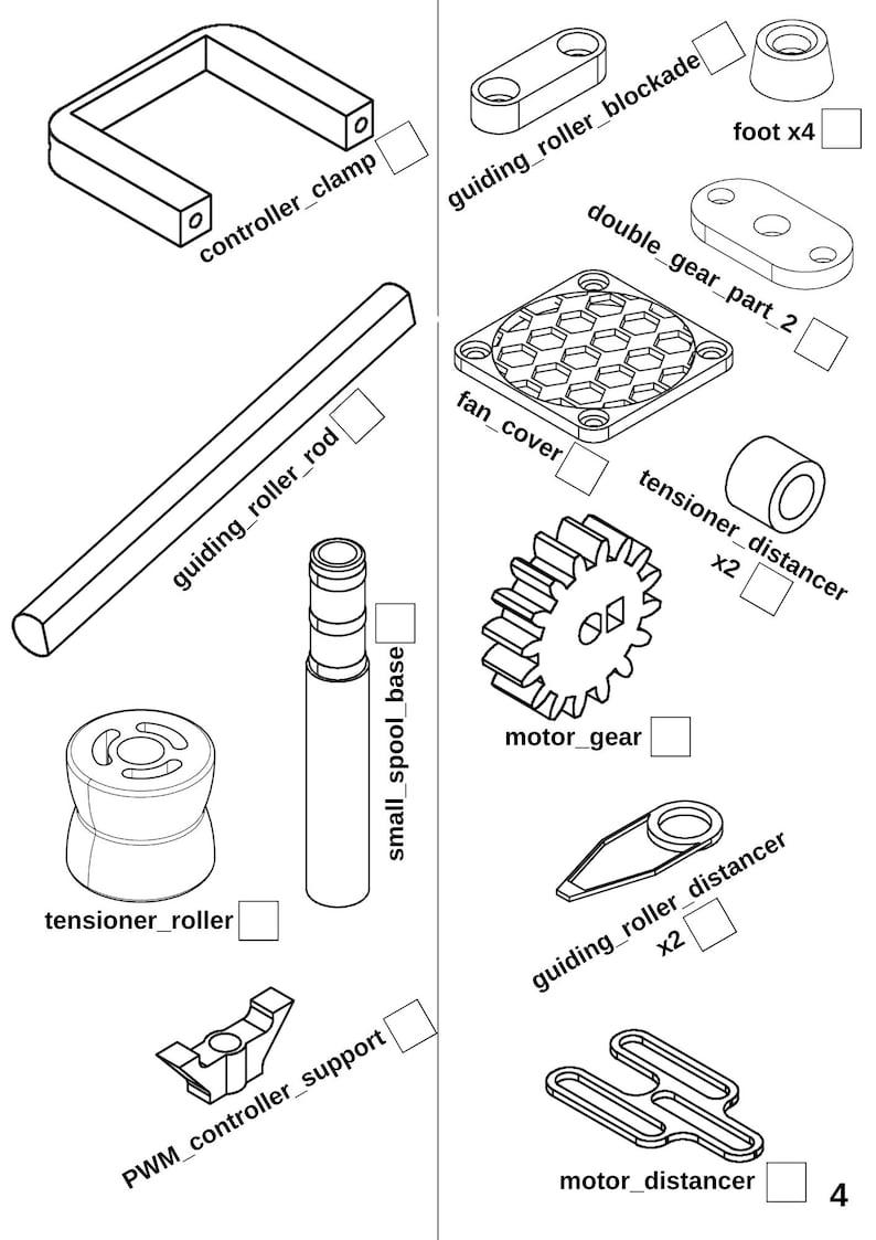 May include: A black and white line drawing of a set of 12 parts for a 3D printed model. The parts include a controller clamp, guiding roller blockade, guiding roller rod, tensioner roller, small spool base, foot x4, double gear part 2, fan cover, tensioner distancer x2, motor gear, guiding roller distancer x2, and motor distancer.