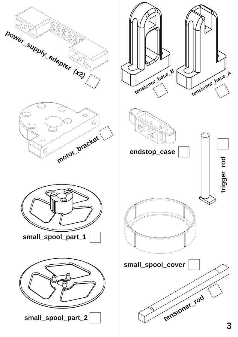 May include: A set of 3D printed parts for a 3D printer, including a power supply adapter, motor bracket, tensioner base, endstop case, trigger rod, small spool part 1, small spool part 2, small spool cover, and tensioner rod.